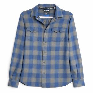 KAVU Plaid Flannel Shirt Cotton Blue Gray Men L Outdoor Rugged Casual